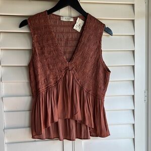 Brown Smocked Peplum Blouse with V-Neckline